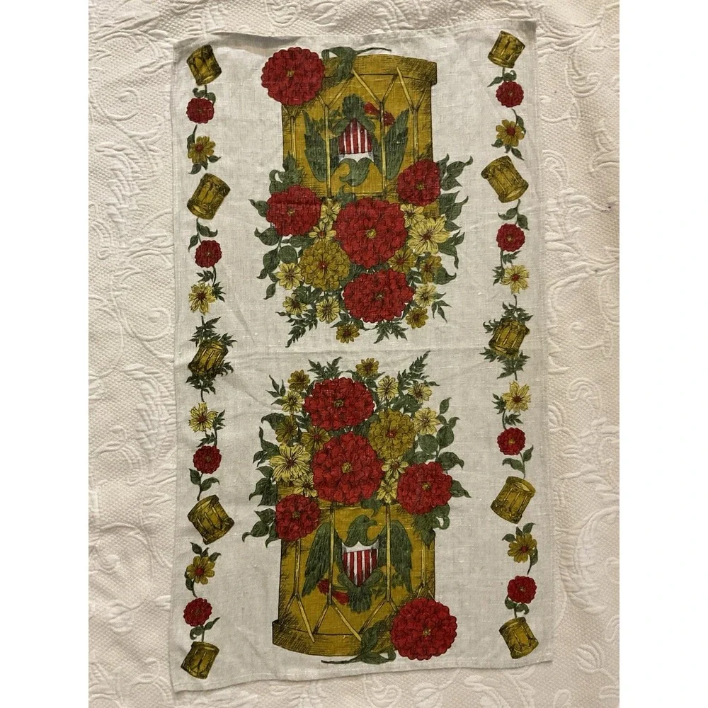 Vintage Colonial Parisian Eagle Drum Line Tea Towel Floral Bouquet Americana NEW